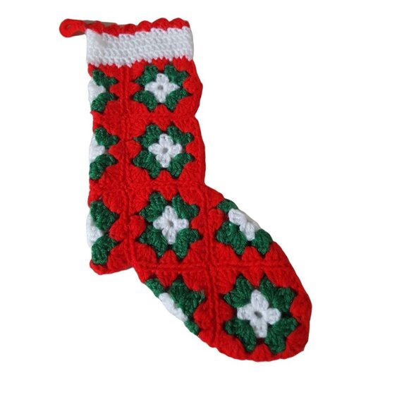 Vintage Granny Square Hand Made Crochet Christmas Stocking Red Green White - Picture 3 of 4